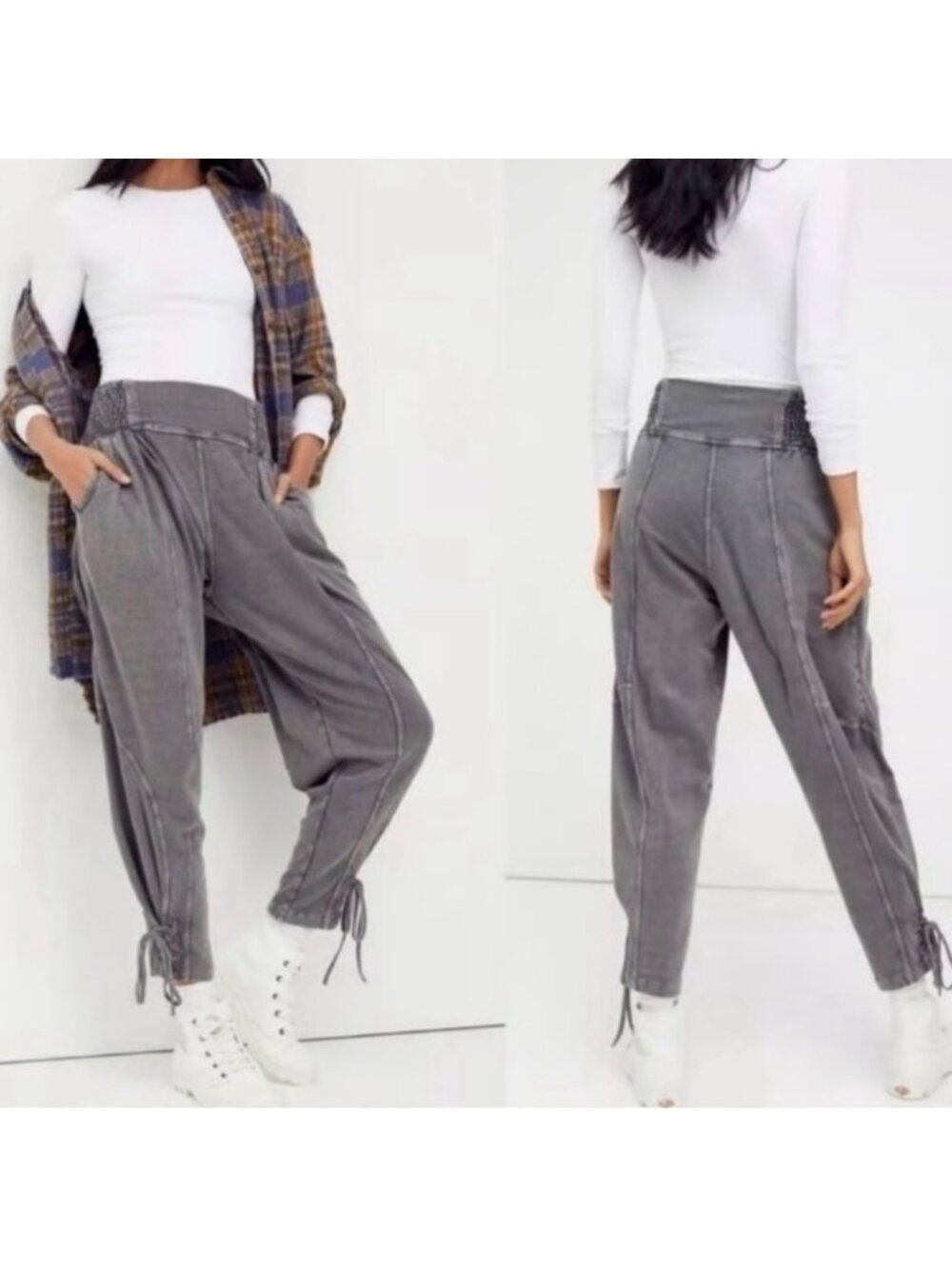 Free People Billie Pleated Ballon Pants XS Grey Smocked Waist Relaxed Harem Boho